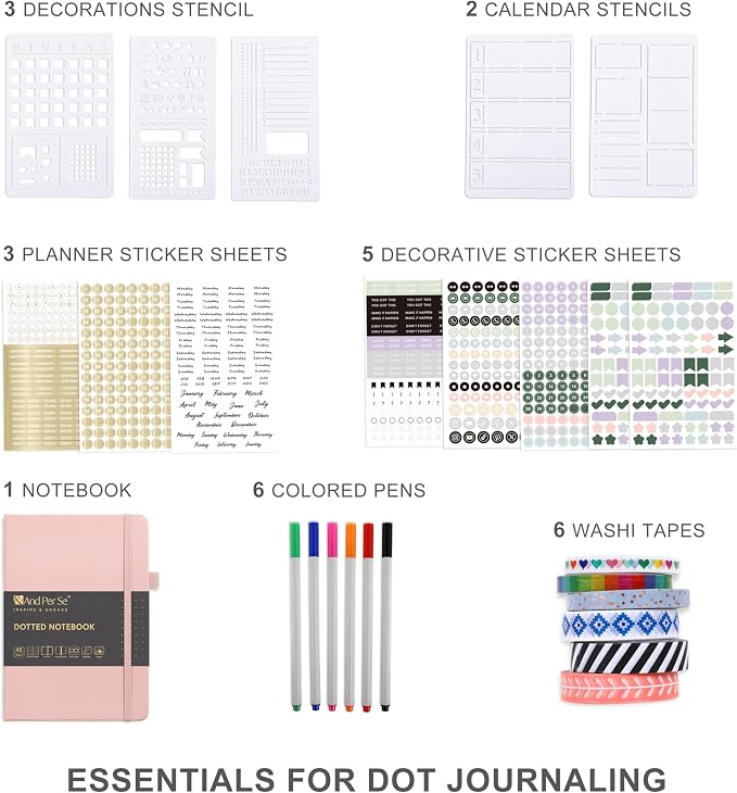 &And Per Se Dotted Journal Kit, A5 Hardcover Dot Grid Journal Notebook Set for Beginners with Journaling Supplies Stencils, Stickers, Washi Tapes & Colored Pens Accessories (Pink)