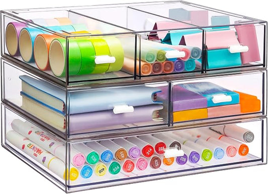 3 Tier Stackable Desk Organizer with 6 Drawers, YOCOMEY Plastic Desktop Storage Box Drawers, Detachable Makeup Storage Office Stationery Supplies Organizer for Office School (All Clear)