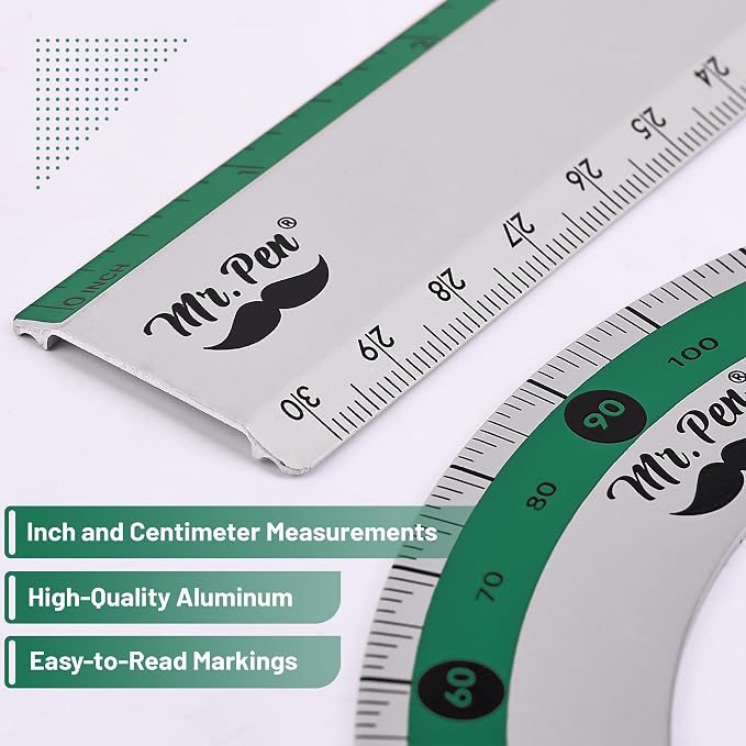 Mr. Pen- Metal Geometry Kit, 4 Pack, 45° & 30°/60° Set Squares | 6" Protractor & 12" Ruler, Durable Metal Drafting Tools for Technical Drawing, Math, Engineering & Architecture
