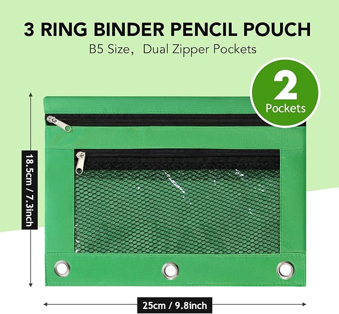 Pencil Pouch for 3 Ring Binder, Heavy Duty Canvas Dual Zipper Pen Bag with Clear Window, Smooth Metal Zipper, Fit Standard 3-Ring Binders for School Office Travel Supplies (Green)