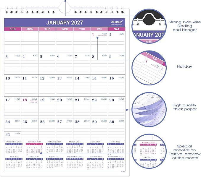 2027 Wall Calendar - Small Wall Calendar 2027, JAN 2027 - DEC 2027, 8.5" x 11", Twin-Wire Binding, Ruled Blocks, Julian Dates, Premium Paper