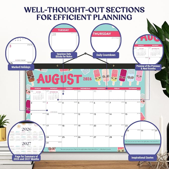 Decorably 18 Months Colorful Assorted Academic Desk Calendar 2026-2027 January 2026 to June 2027, 11x17in Easy Tear-Off Sheets with Inspirational Quotes & Stickers for Office, Home & School