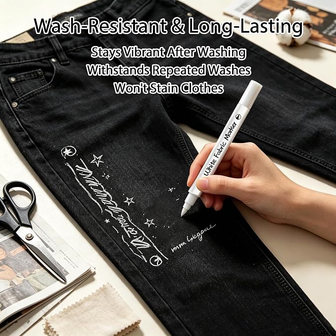 White Fabric Markers 5PCS, Dual-Tip Fabric Permanent Markers for Dark Clothes, Fabric Paint Pens for T-Shirts, Jeans, Canvas Shoes, Bags & Hats