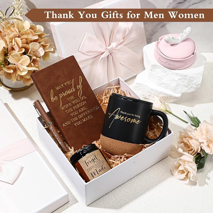 Sayglossy 4 Pcs Thank You Gifts Set for Men Back to School Teacher Appreciation Gift Leather Notebook Inspirational Coffee Mug Scented Candle Ballpoint Pen for Male Employee Coworker Nurse Boss, Brown