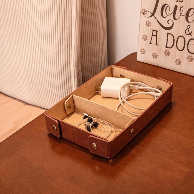 BONNY DODO Valet Tray for Men PU Leather Tray Organizer with Partition, Storage Keys, Watch & Practical Storage for Table Nightstand Living Room Bedroom (khaki)