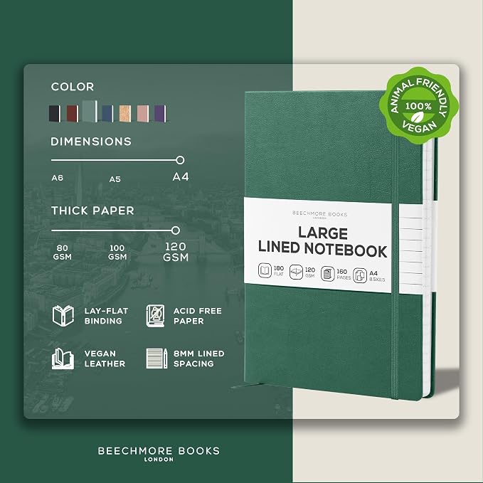 BEECHMORE BOOKS Large Lined Journal Notebook, 8.5" x 11.5" (A4) Hardcover Vegan Leather Executive Diary for Work, Thick 120gsm Paper, Lay-Flat Binding, Gift Box