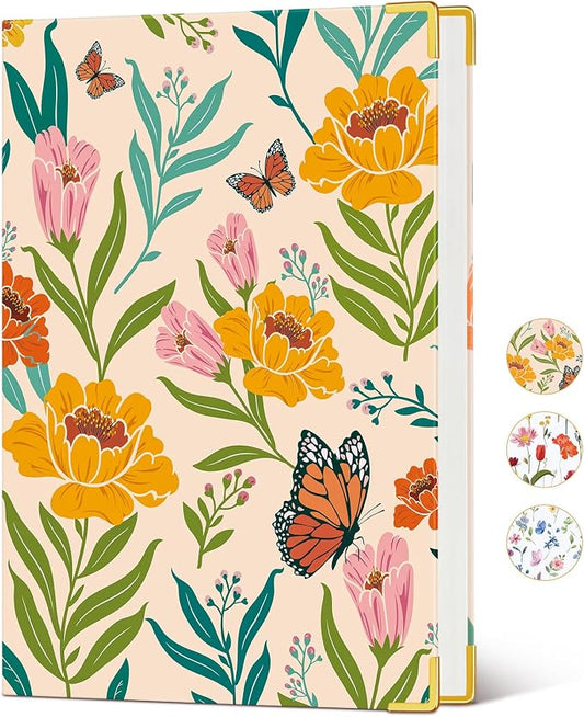 Lined Journal Notebook for Women, A5 Hardcover Leather Journaling Notebooks for Writing, 200 Pages Travel Journal, College Ruled Notebook for Work School, Note Taking 5.75'' X 8.38'' Yellow Floral