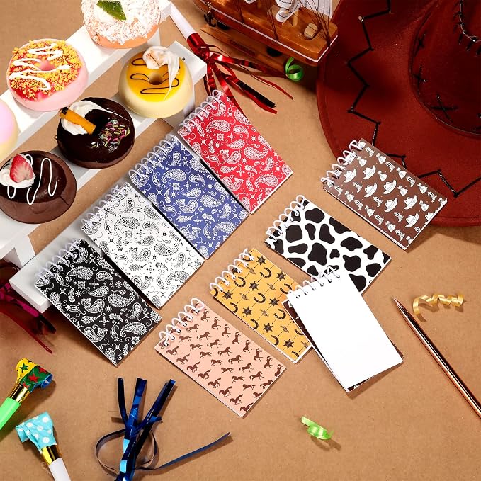 Teling 24 Pcs Western Cowboy Cowgirl Party Favors Spiral Notebooks, 8 Styles Country Style Small Notepads, Mini Decorative Memo Pads West-themed Stationery, Country-style Decor, Themed Party Supplies