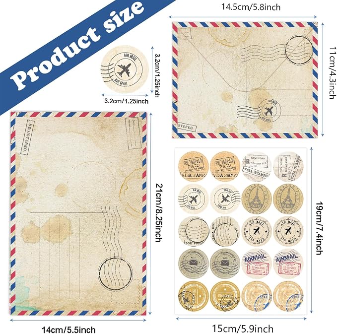 160 Pcs Stationery Paper Envelopes Set Includes 50 Lined Writing Paper & 50 Envelopes with 60 Colorful Round Dot Stickers, Cute Vintage Travel Letter Writing Stationery Paper Envelopes(10Style)