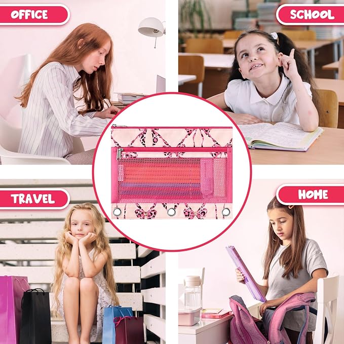 WAWSAM Bow Pencil Pouch for 3 Ring Binder, Zipper Pencil Pouches for Girls | 2 Pocket Clear Window Pencil Case, 3 Ring Pencil Pouch for School Supplies, Pencil Bags for Office College