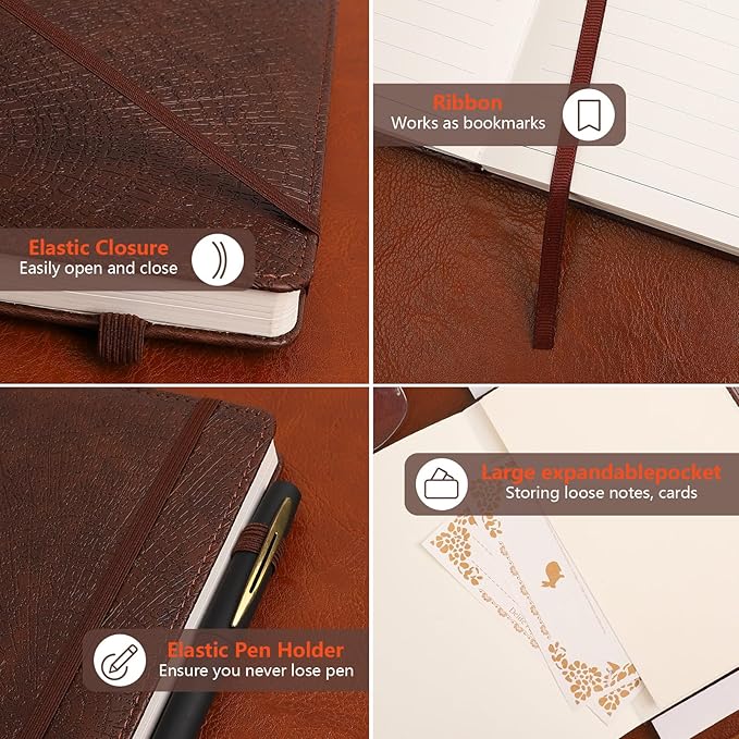 Lined Journal Notebook,256 Pages,A5 Size (5.7'' x 8.3''),Vintage Tree Growth Ring Leather Hardcover Journal,100 GSM Thick Paper,for Daily,Work,School,Note Taking(Brown)