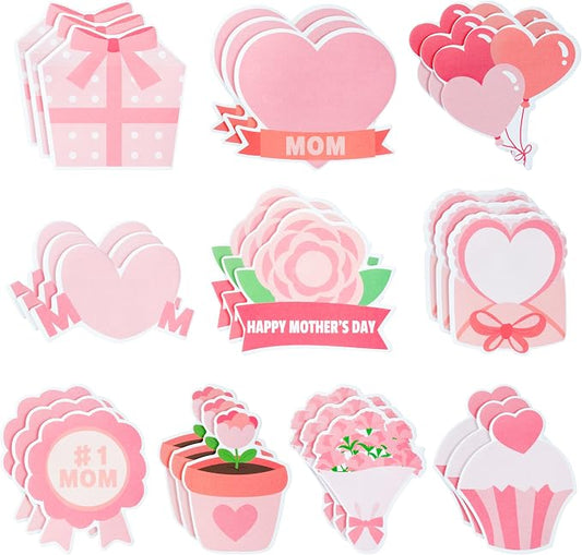 Xqumoi 30 Pack Mother's Day Sticky Notes - Mother’s Day Birthday Gift Pink Flower Heart Gift Box Shaped Self Sticky Notepads Writing Memo Pads School Office Activity Party Favor Supplies for Mom