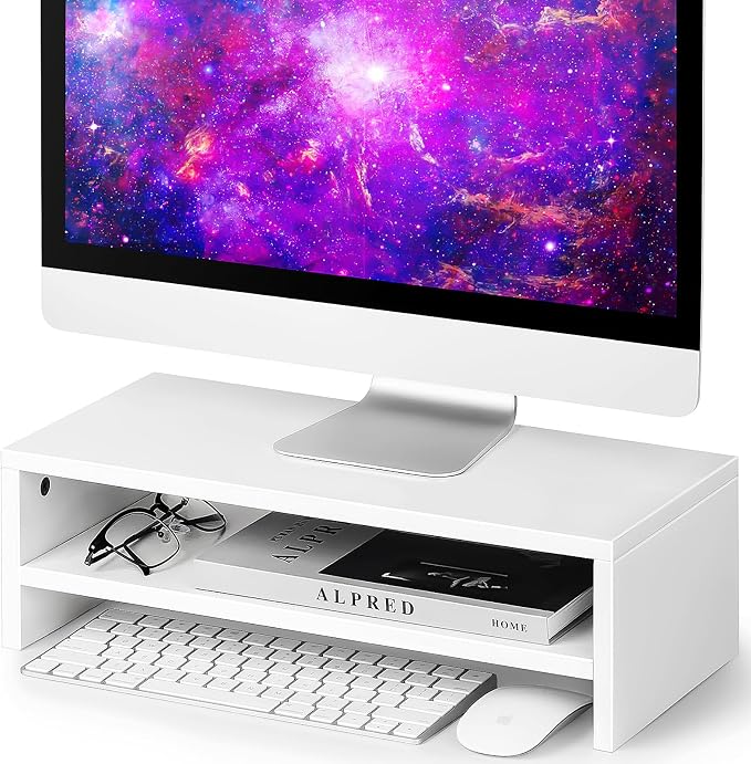 BEYGORMMonitor Stand Riser, White, 16.5 inch, 2 Tiers Wood Desk Shelf | Computer Screen Stand with Storage, For Desktop Laptop/Screen/TV/PC/Printer 16.5"L x 7.8"W x 5.2"H