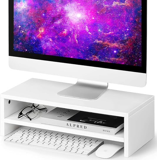 BEYGORMMonitor Stand Riser, White, 16.5 inch, 2 Tiers Wood Desk Shelf | Computer Screen Stand with Storage, For Desktop Laptop/Screen/TV/PC/Printer 16.5"L x 7.8"W x 5.2"H