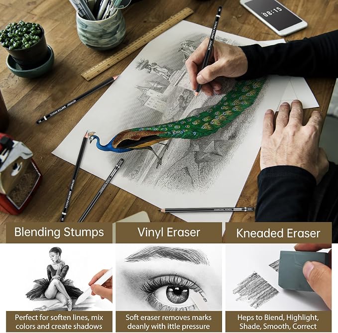 GETHPEN Drawing Sketching Pencil Set,Graphite 12B-4H Charcoal Pencils,24Pcs | Sketch Drawing Kit, Black and White Charcoal Pencils,Stumps,Eraser,Sharpeners, Sketching, Shading, Artist Charcoal Supplies