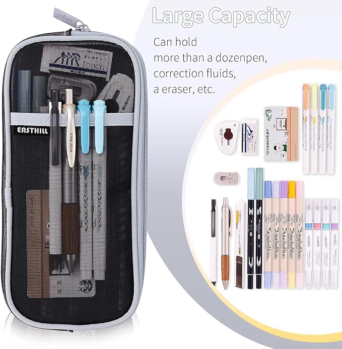 EASTHILL Grid Mesh Pen Pencil Case with Zipper Clear Makeup Color Pouch Cosmetics Bag Multi-Purpose Travel School Teen Girls Transparent Stationary Bag Office Organizer Box for Adluts(Black) Boys