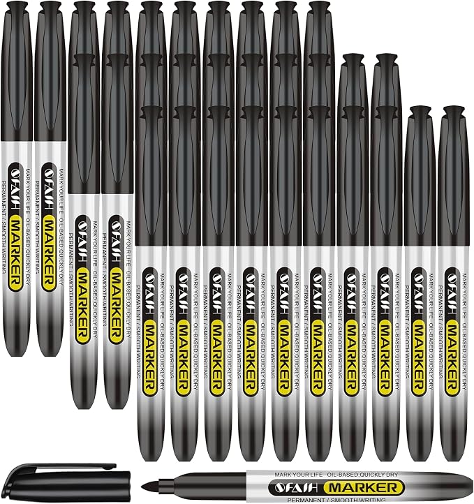 SFAIH Black Permanent Markers Bulk - 30 Pack, 1s Quick Dry, Non-Fading, Fine Point Permanent Pens for Plastic Glass Metal Wood Paper Stone, Office Classroom Kitchen, Doodling, Marking, Waterproof