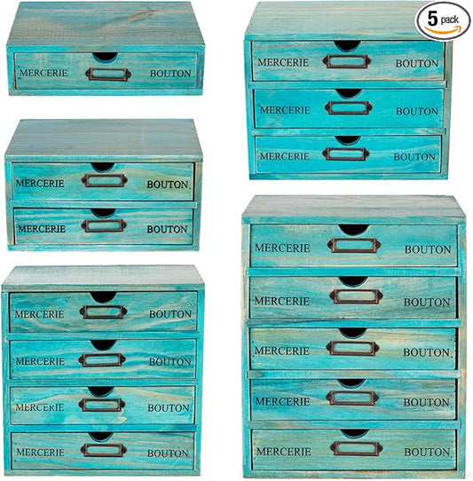 5-piece Full Matching Set Turquoise Wooden Cabinets,European Country Style Desk Organizer Boxes,Multi-level Teal Wooden Stackable Drawers,Countertop Organizer Drawers w/ Label Holder,Desktop Chests