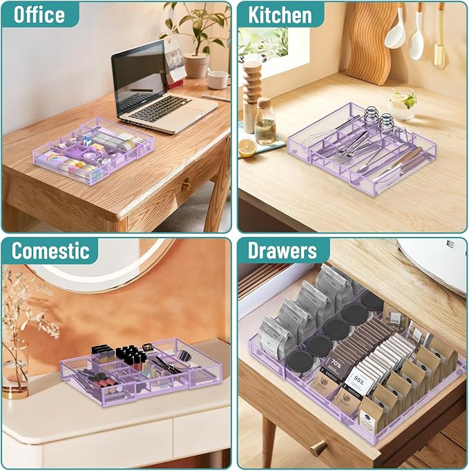 Expandable Desk Drawer Organizer, 10 Adjustable Compartment, Purple | Metal mesh drawer organizer tray with 5 removable dividers, expands from 8.74 to 16 in for office supplies, makeup or tools