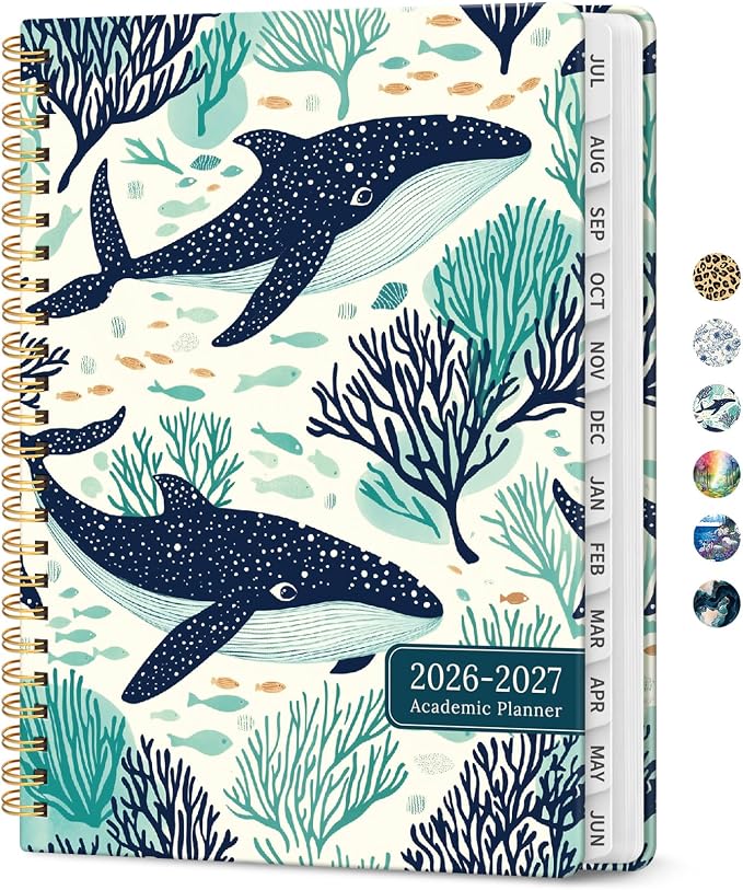 Planner 2026-2027, Academic Year Monthly and Weekly Calendar Planner, Jul 2026 - Jun 2027, Hardcover Teacher Student Planning Agenda book with Tabs, Perfect for School Office Supplies, 6.3" x 8.5" - Drifting Whales