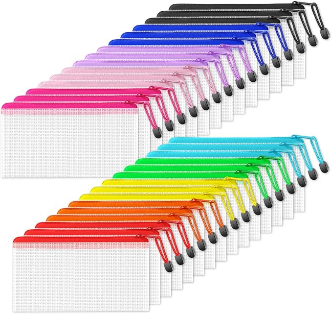 SUNEE Zipper Pouch 4x9 in (6 Colors, 30 Packs), Mesh Pencil Bag, Poly Pencil Pouches, for Bills, Cosmetics, Stationery, Travel Storage