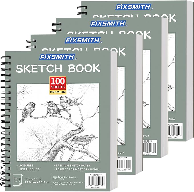FIXSMITH 9"X12" Green Sketch Book, 400 Sheets (68 lb/100gsm) Spiral Sketchbook, Acid Free Drawing Paper, Sketch Pad for Beginners,Artists & Professionals, Bright White