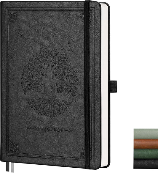 AHGXG Dotted Journal Notebook, 192 Pages, A5 Medium Size (5.7'' x 8.3'') | Leather Hardcover, 100 GSM Thick Paper, for Journaling, Planning, Tracking (Black)