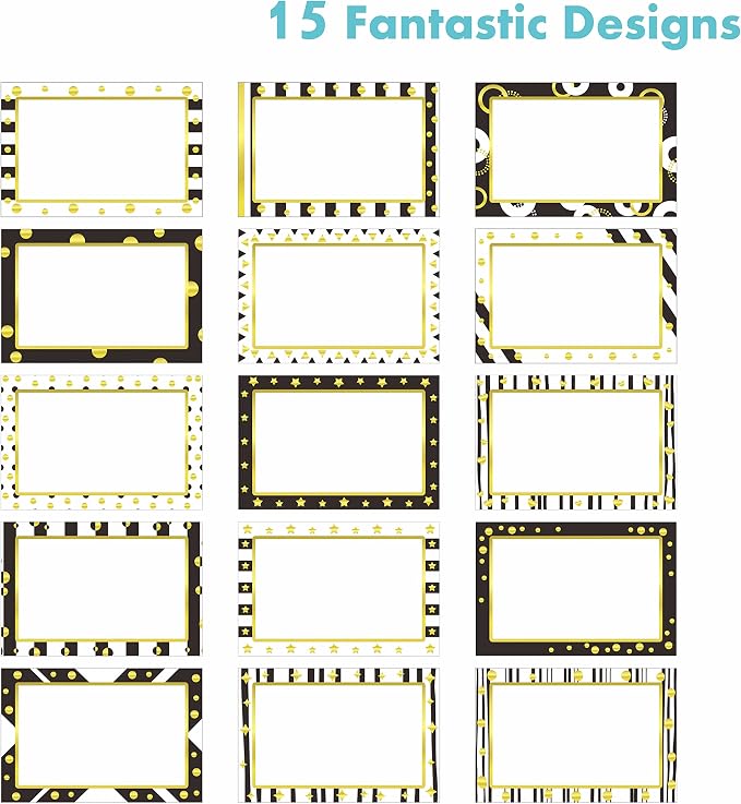 405 PCS Gold Metallic Name Tag, Blank Name Labels in 15 Designs with Permanent Adhesive Writable White Name Tag Stickers for School Office Home (Each Measures 3" x 2")