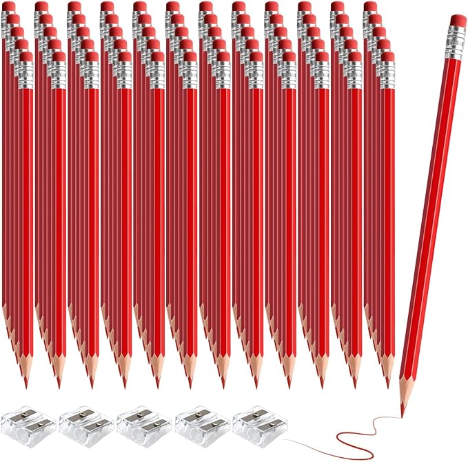 60 PCS Red Pencils Bulk Erasable Colored Pencils with Eraser Pre-Sharpened 2 HB for Checking, Grading, Tests & Office/School Supplies (Red)