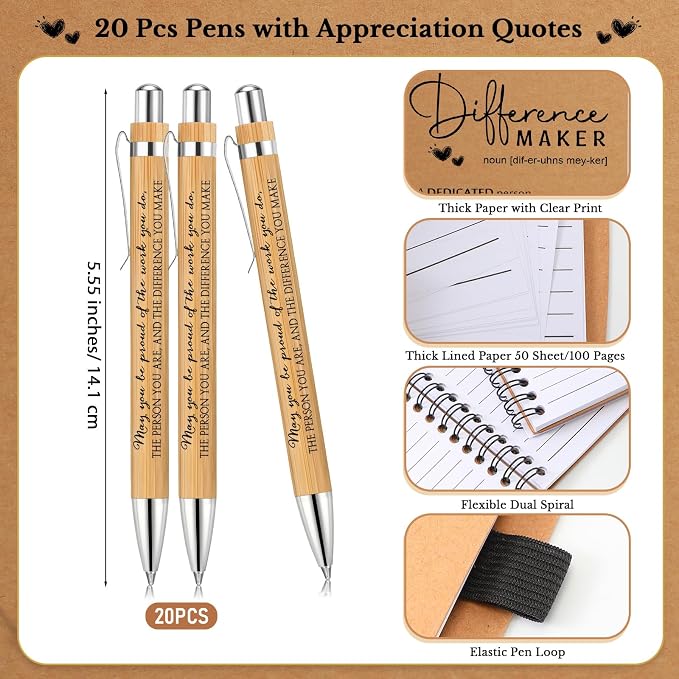 Tellingyou 20 Sets Difference Maker Employee Appreciation Gift for Coworker to Do List Notebooks with Ballpoint Pen Note Pads Journal Back to School for Teacher Nurse Staff Team (Wood Color)