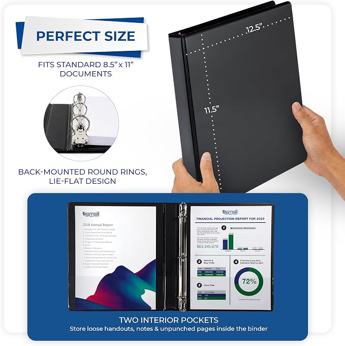 Samsill 1 Inch 3 Ring Binders, Economy Round Ring, Clear View Cover, 200 Sheet Capacity - for School, Home, Office - Black, 12 Pack