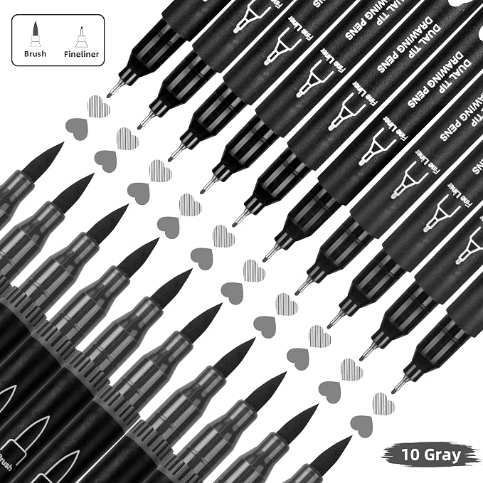 10 Pack Gray Markers for Coloring,1-6mm Dual Brush Pens with 0.4mm Fine Tip Markers,Gray Drawing Pens for Art Drawing Sketching Calligraphy