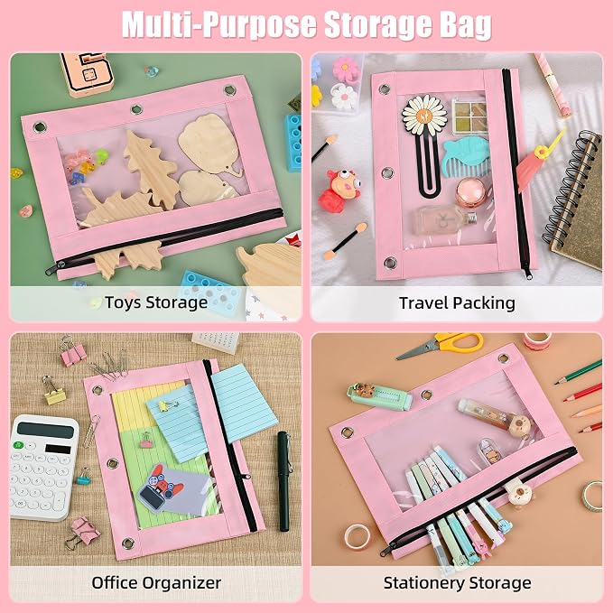 Lanpn Pencil Pouch for 3 Ring Binder 6 Pack, Pink Binder Pen Bags with Zipper, Cute 3 Holes Pencil Pouches Organizer for Boy Girl Kids School Student, Reinforced Grommets & Clear Window