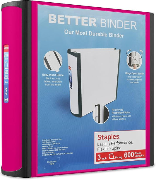 Staples Better Binder, 3" Heavy‑Duty D‑Ring 3‑Ring Binder, Pink, Reinforced Spine, 600‑Sheet Capacity, Durable Organizer for Office, School & Presentations, 2‑Pack
