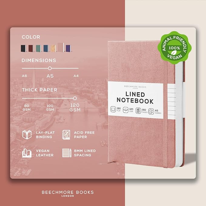 BEECHMORE BOOKS Premium Lined Leather Journal for Men & Women, 5" x 8" (A5) Thick 120gsm Ivory Cream Paper Notebook, Hardcover Vegan Leather Personal Diary, With Gift Box (Rose Wood)