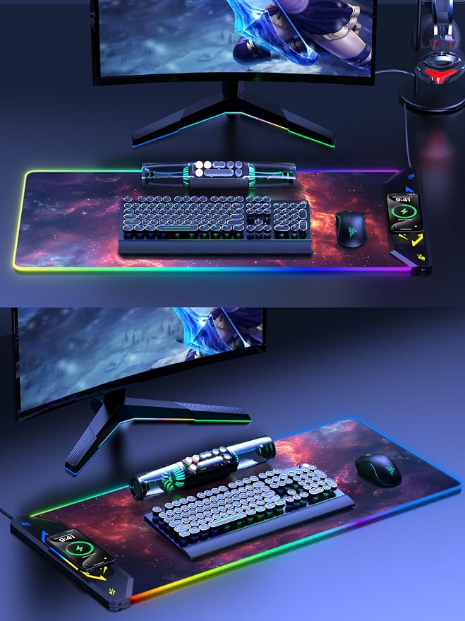 TopMade Wireless Charging Mouse Pad, RGB Gaming Mousepad, 35.4" x 15.8" Extra Large Waterproof Keyboard Desk Pad, Computer Desk Mat, Red Nebula (Includes 20W PD Power Adapter & 6.56ft Woven Cable)