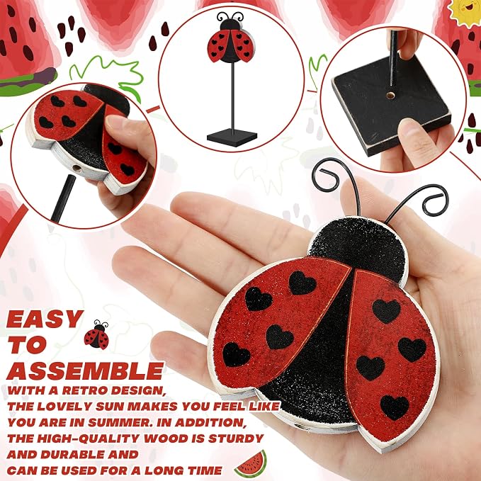 3 Pcs Summer Table Decor Wooden Watermelon Ladybug Decorations Standing Watermelon Decor Summer Table Centerpiece Rustic Farmhouse Sign for Home Kitchen Office Beach Party
