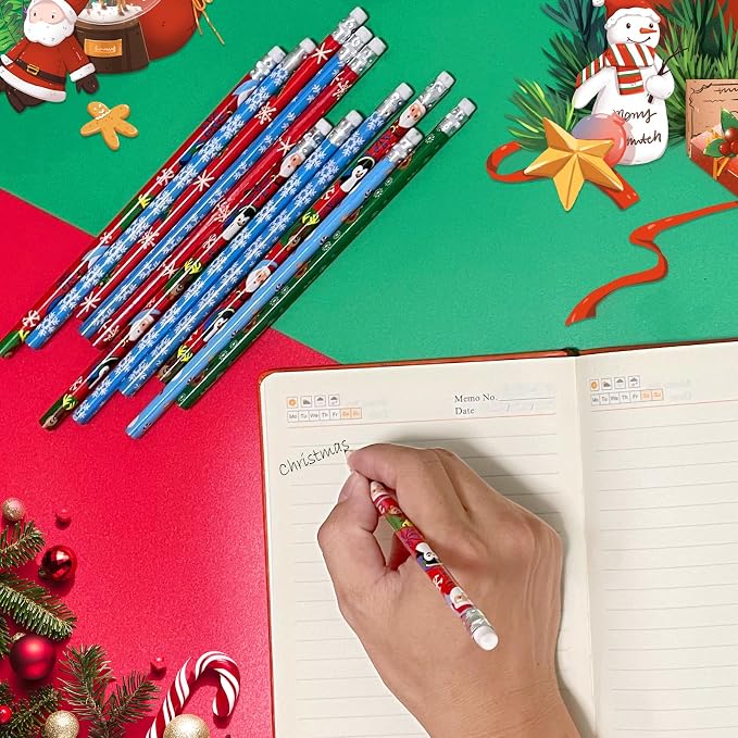 Zuazaor 30 Pieces Colorful Christmas Pencils with Eraser Wooden Pencils Snowman,Santa,Christmas Tree, Cand and Penguin Xmas Stationery for Christmas Holiday Office School Party Favors (30)