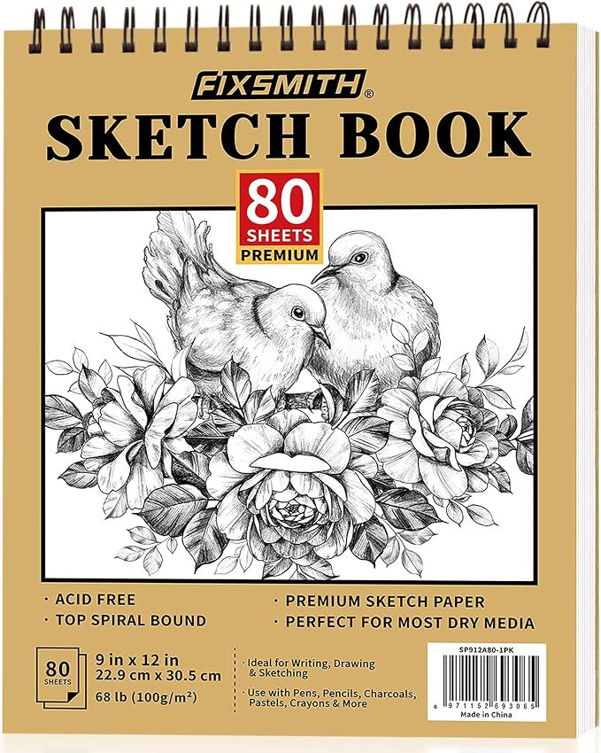 FIXSMITH 9"X12" Sketch Book | 80 Sheets (68 lb/100gsm) Sketchbook | Top Spiral Bound Artist Sketch Pad | Acid Free Drawing Pad | Ideal for Kids, Beginners, Artists & Painters | Bright White