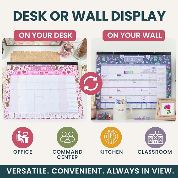 bloom daily planners Desk Calendar 2026-2027 - Academic Year Large Wall Calendar (July 2026 - July 2027) - 21” x 16” Desktop & Hanging Monthly Planner with Stickers for Home or Office - Holiday Icons