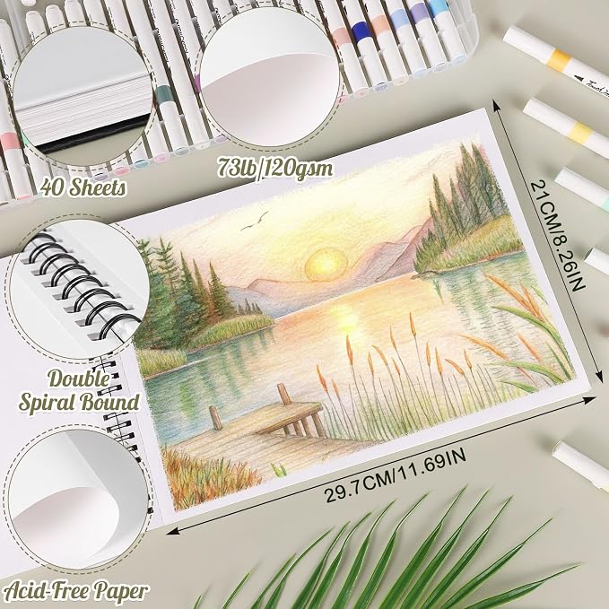 A4 Marker Paper Pad 40 Sheets, 8.3×11.7 Inch Bleedproof Art Sketch Pad, 73lb/120gsm Drawing Paper Spiral Sketch Book, Painting Coloring Alcohol Marker Paper for Beginners, Artists, Gift | 120gsm Acid-Free Bleed Resistant Paper, Lays Flat, Tear-Off Page...