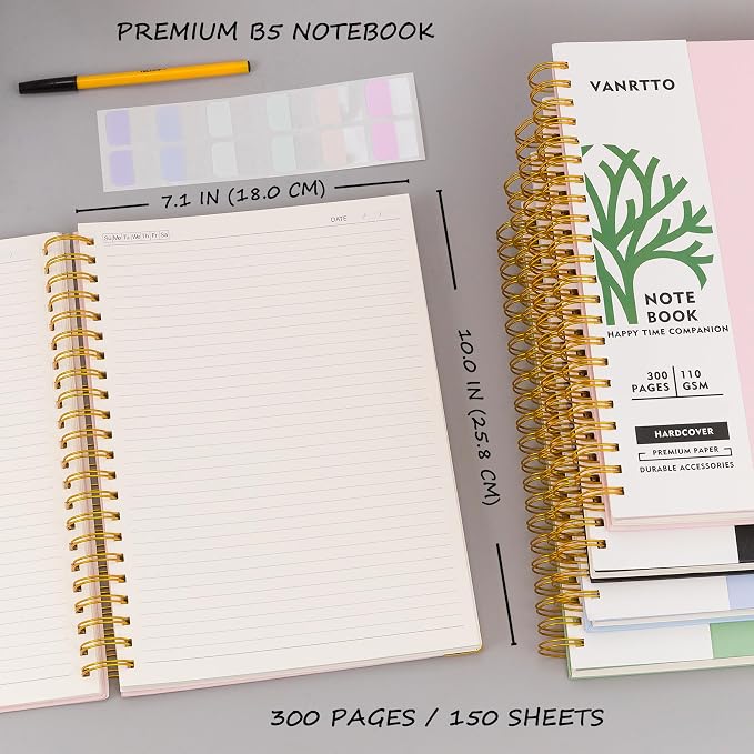 VANRTTO B5 Hardcover Spiral Notebook College Ruled Notebooks for Work Pink | Hardcover B5 Spiral Notebook, 110 GSM College Ruled Notebooks with 300 Lined Pages, 7.1x10 IN Notebooks for Work and School