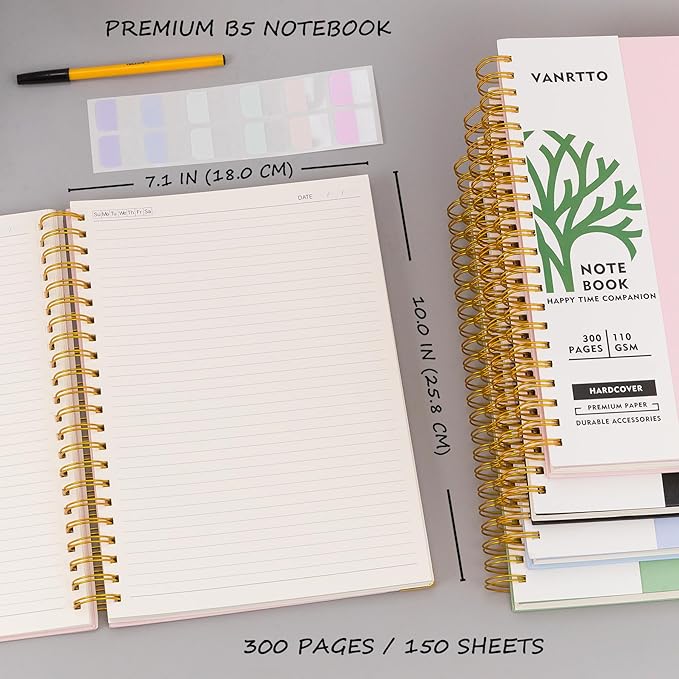 VANRTTO B5 Hardcover Spiral Notebook College Ruled Notebooks for Work Blue | Hardcover B5 Spiral Notebook, 110 GSM College Ruled Notebooks with 300 Lined Pages, 7.1x10 IN Notebooks for Work and School