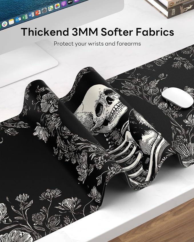 Skull Mouse Pad, 31.5 x 11.8 Large Desk Mat with Stitched Edges & Non-Slip Base, Mousepad for Office, Home, Work, Skull Cat