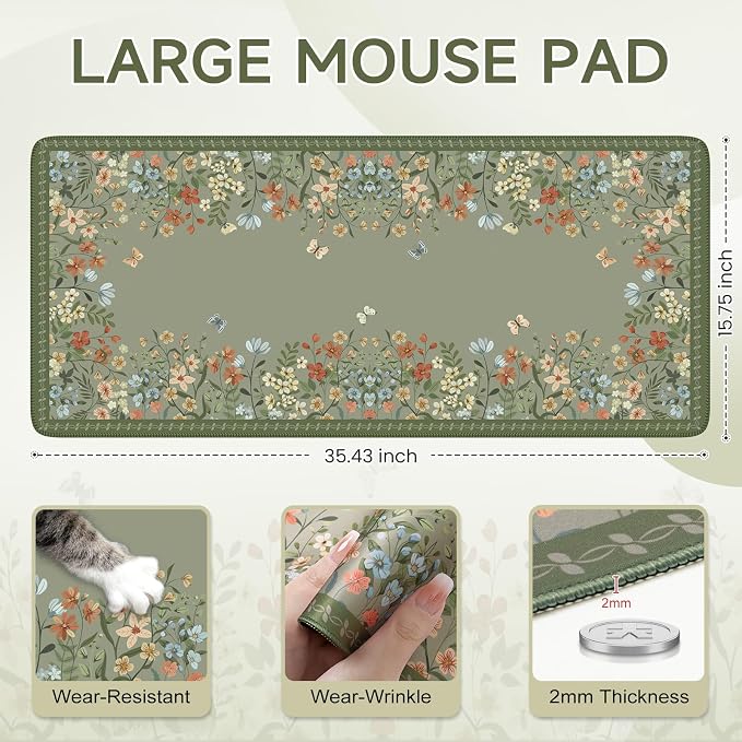 iCasso Desk Mat for Keyboard and Mouse,Large Keyboard Mat Non-Slip,Cute Desk Pad with Stitched Edges,Floral Mousepad for Women,Girly Computer Mat for Home Office Gaming(Sage Green)