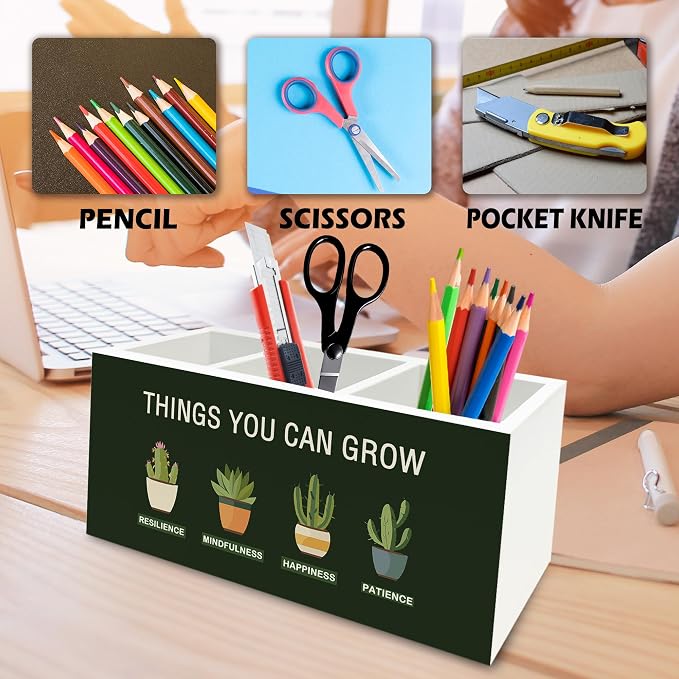 Mental Health Pen Pencil Holder Organizer for Desk, Things You Can Grow Motivational Wooden Box Signs Decorations for Therapy Counselor Office Desk Tabletop, Inspirational Office Decor