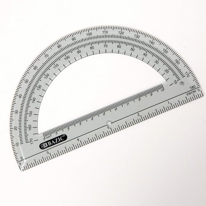 BAZIC Protractor Semicircular 6 Inch 180 Degrees, Plastic Math Protractors, Geometry Measuring Rulers Set, Clear Ruler for Students, 1-Pack | clear semicircular protractor; 6 in and 180 degrees; measures and draws angles for geometry and math