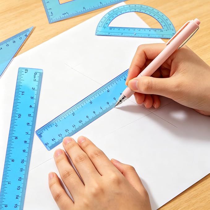 Plastic Clear Ruler Math Set - 6'' 12'' Transparent Straight Ruler, 4'' 6'' Protractor, 30/60 & 45/90 Triangle Ruler,Geometry Math Measuring Tool for School Office Drawing Teachers Kids Supplies Blue