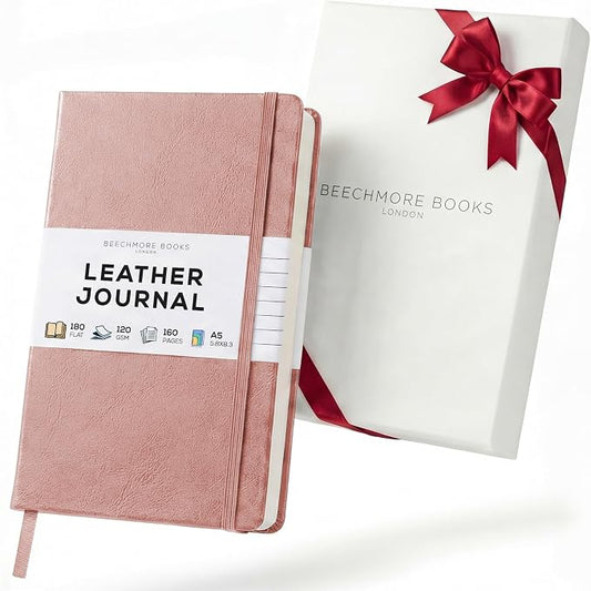 BEECHMORE BOOKS Premium Lined Leather Journal for Men & Women, 5" x 8" (A5) Thick 120gsm Ivory Cream Paper Notebook, Hardcover Vegan Leather Personal Diary, With Gift Box (Rose Wood)