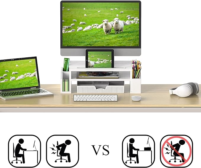 Simple Houseware Desk Monitor Stand Riser w/ Adjustable Tray, White | Built-In Tablet Slot and Side Storage